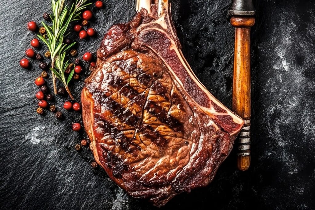 Wagyu Beef: What is it and Where Does it Come From? 2 - Driven A grilled tomahawk steak with charred grill marks, accompanied by fresh rosemary and colorful peppercorns, displayed on a dark stone surface with a wooden cutting board.