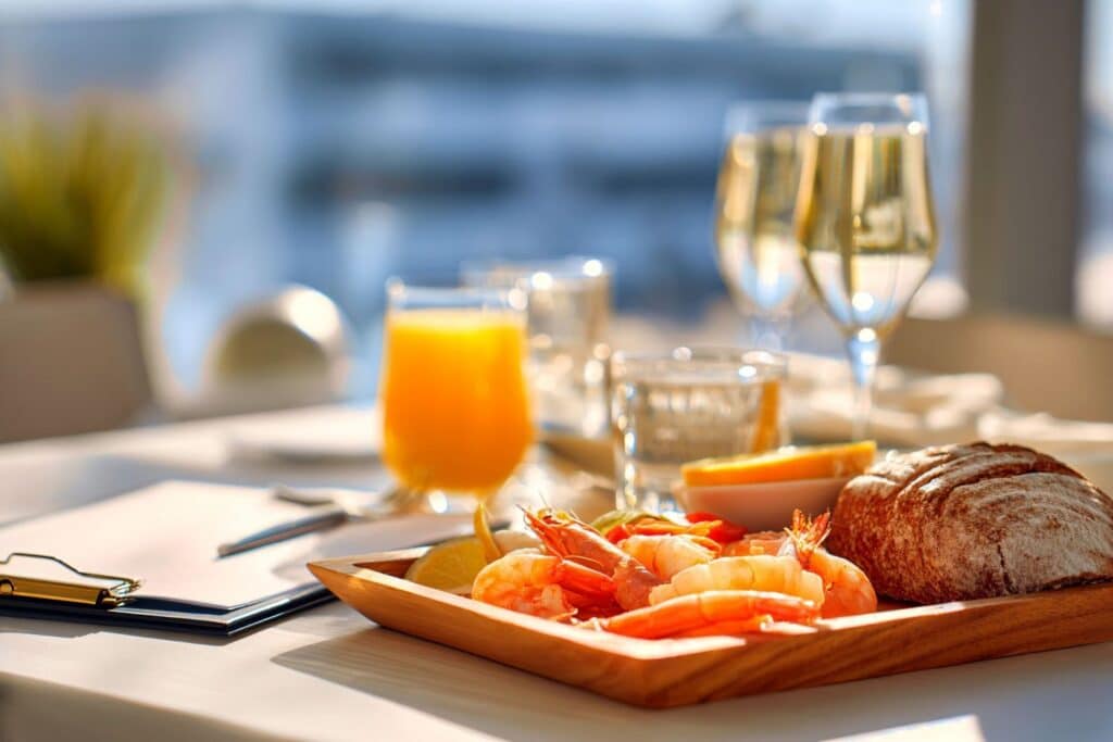 Endless Brunch: Spend Sunday Morning at Driven 1 - Driven A wooden platter with shrimp, lemon wedges, and a piece of bread, accompanied by glasses of champagne and orange juice on a dining table.